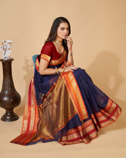 Navy Blue Kota Doriya Saree With Zari Weaving Work | Lightweight Daily Wear – JaipurSaaj