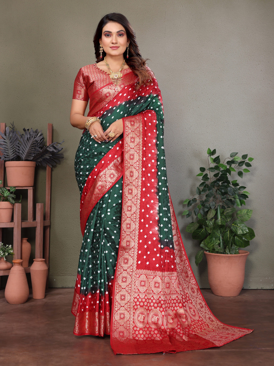 Green & Red Bandhej Silk Saree With Zari Weaving Work | Festive Wedding Wear – JaipurSaaj