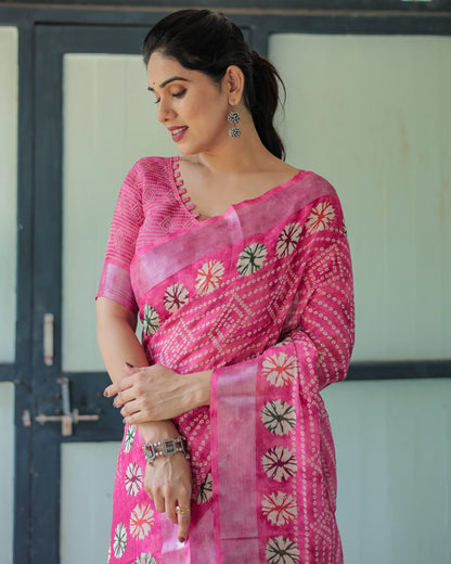 Baby Pink Soft Linen Cotton Saree With Digital Printed Work