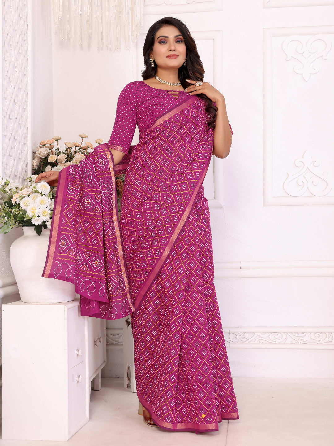 Pink Bandhej Printed Soft Cotton Saree With Zari Border | Traditional Festive Ethnic Wear – JaipurSaaj