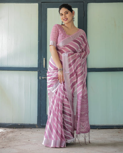 Lavender Soft Linen Cotton Saree With Digital Printed Work