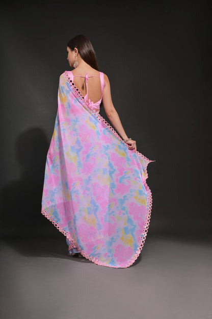 Baby Pink Chiffon Silk Saree with Prism Print & Foil Mirror Work Border | Designer Party Wear – JaipurSaaj