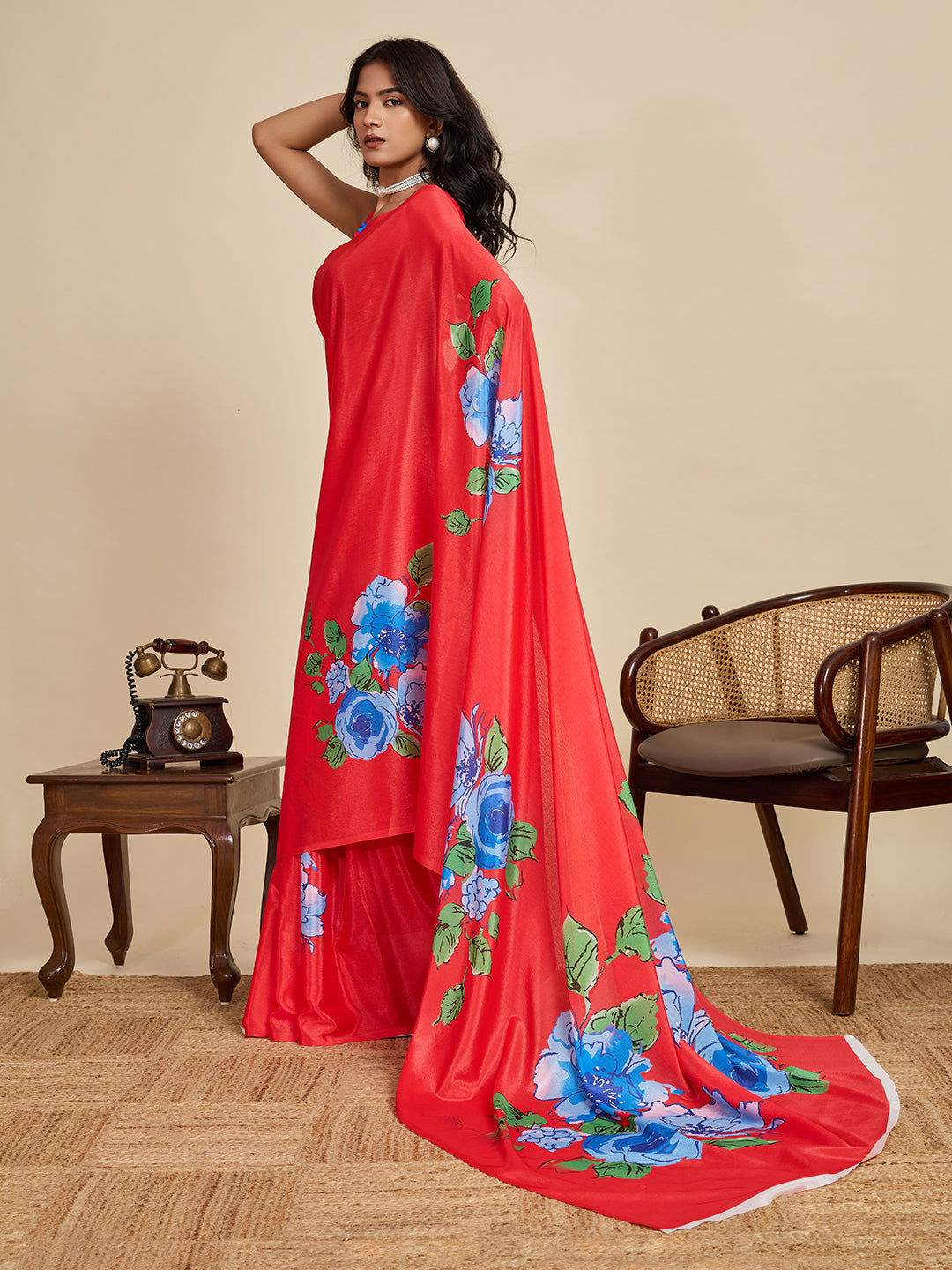 Red Soft Chinnon Silk Saree With Digital Printed Work
