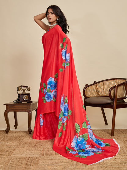 Red Soft Chinnon Silk Saree With Digital Printed Work