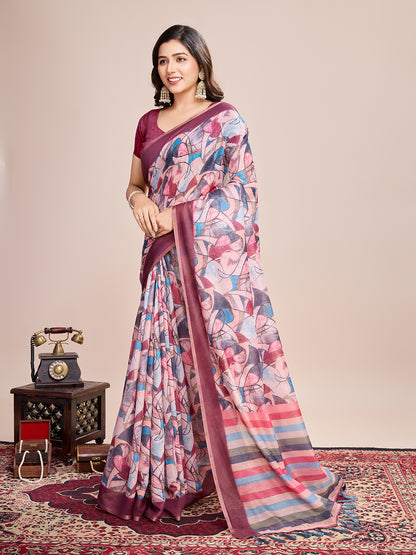 Multi Soft Linen Cotton Saree With Floral Printed Work