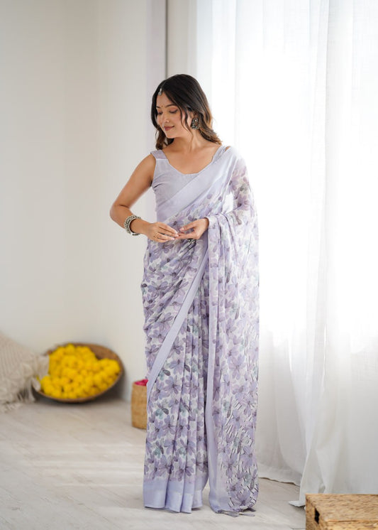 Lavender Linen Cotton Saree With Flower Digital Printed Work