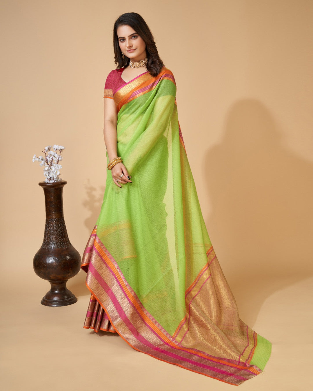 Parrot Green Color Kota Doriya Saree With Zari Weaving Work