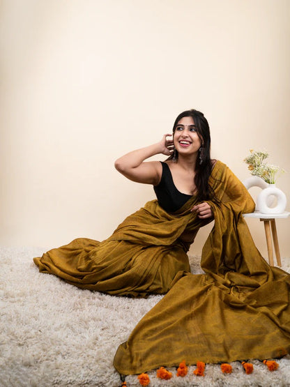 Mustard Yellow Plain Khadi Cotton Saree With Fancy Tassel Work | Handloom Office Wear – JaipurSaaj