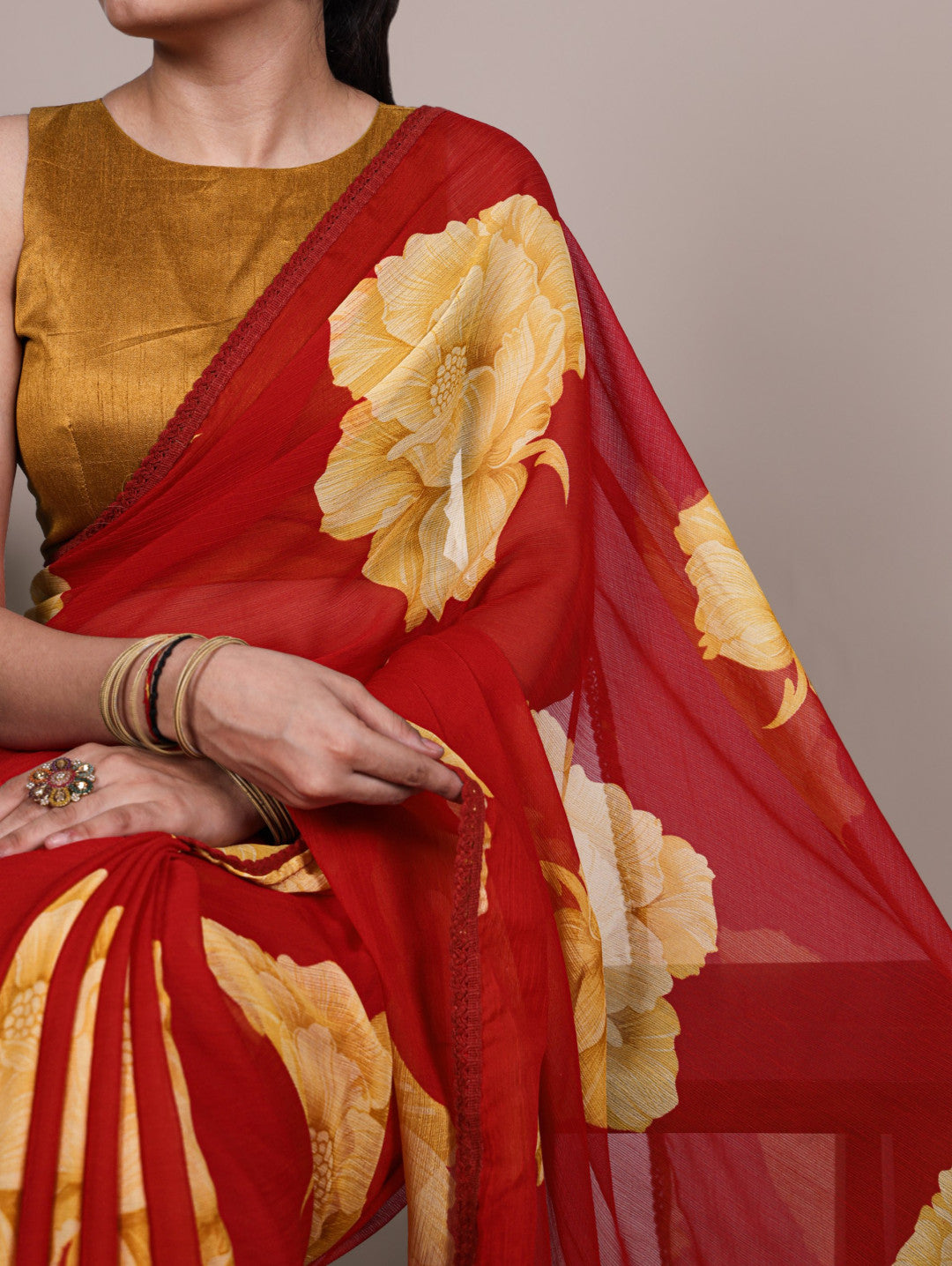 Red Chiffon Saree with Floral Printed Work & Lace Border | Designer Party Wear – JaipurSaaj