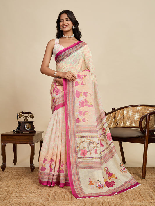 Off White Linen Cotton Saree With Digital Printed Work And Silver Zari Border