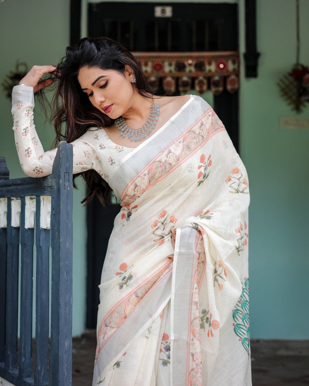 Off White Summer Special Digital Printed Linen Cotton Saree