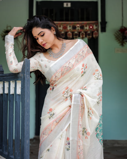 Off White Summer Special Digital Printed Linen Cotton Saree