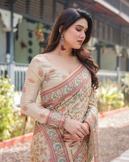 Off White Kalamkari Digital Printed Linen Cotton Saree | Summer Casual & Ethnic Wear – JaipurSaaj