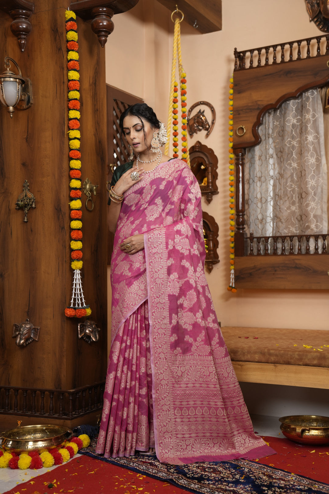 Pink Soft Cotton Saree With Lucknowi Work