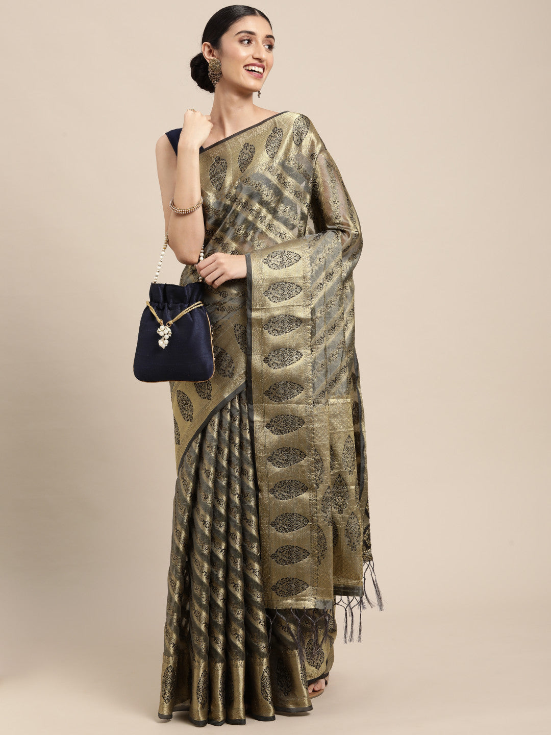 Gray Organza Silk Saree With Zari Weaving Work