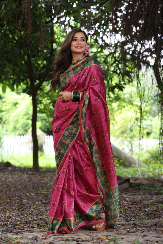 Magenta Peacock Printed Tussar Silk Saree | Traditional Festive Ethnic Wear – JaipurSaaj