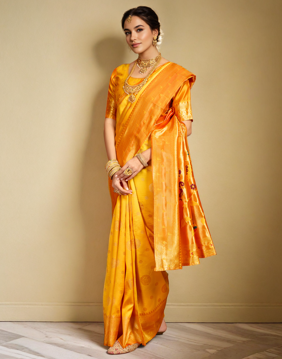 Yellow Paithani Silk Saree With Zari Weaving Work