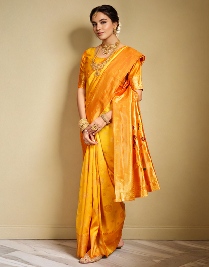 Yellow Paithani Silk Saree With Zari Weaving Work
