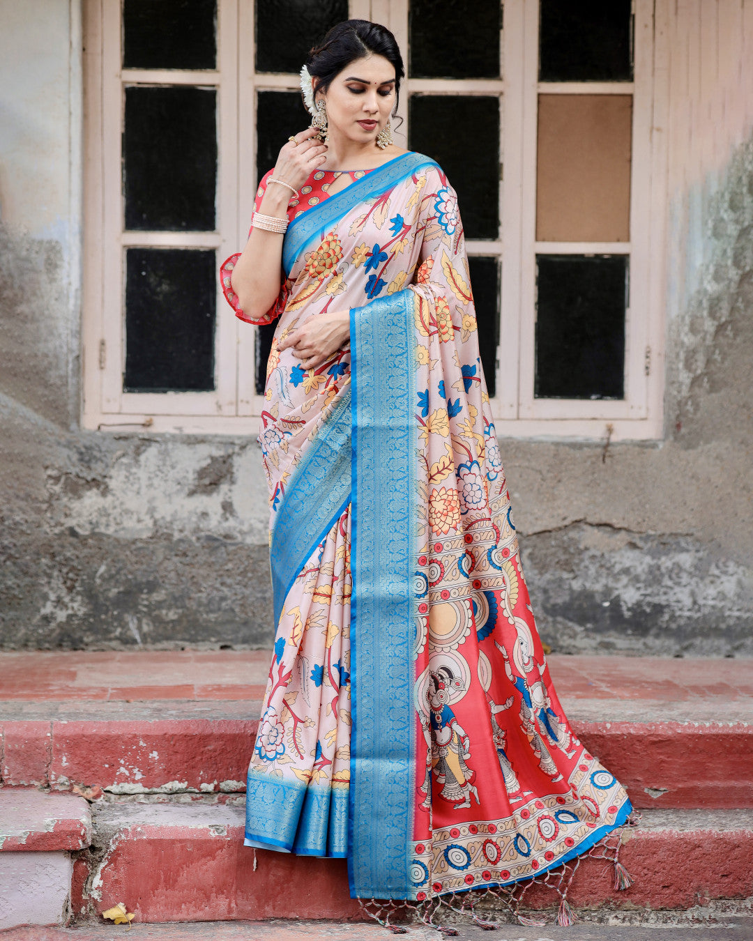 Multi Kalamakari Floral Printed Tussar Silk Saree With Zari Motif Border | Festive Ethnic Wear – JaipurSaaj