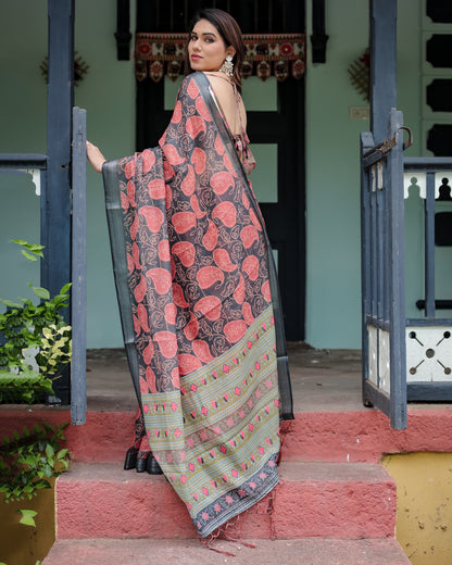 Multi Floral Digital Printed Linen Cotton Saree