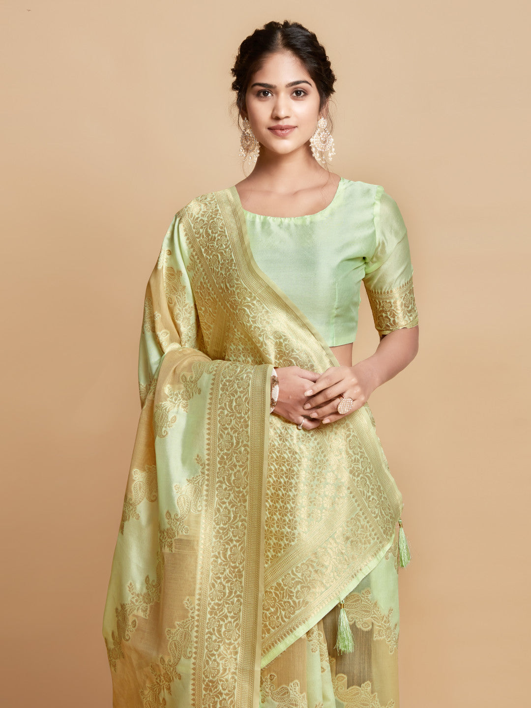 Light Pista Green Soft Linen Silk Saree With Zari Weaving Work | Wedding & Festive Wear – JaipurSaaj