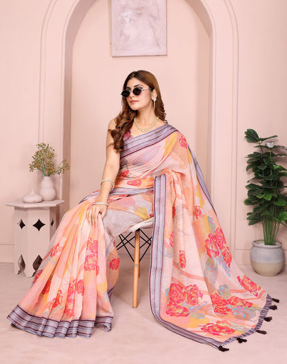 Multi Linen Cotton Saree With Digital Printed Work And Silver Zari Border