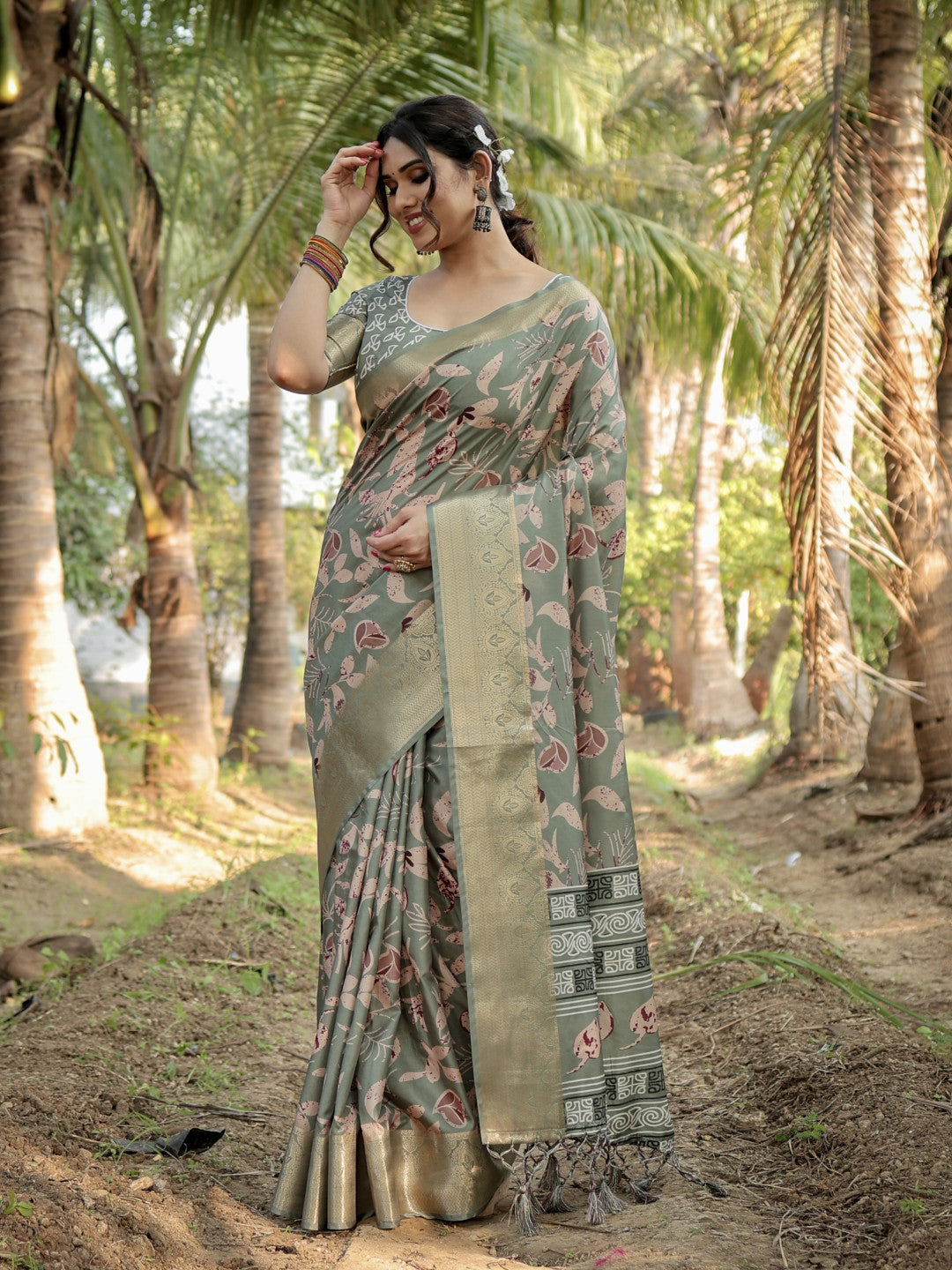 Olive Green Tussar Silk Saree with Floral Woven Motifs & Zari Border | Traditional Festive Wear – JaipurSaaj