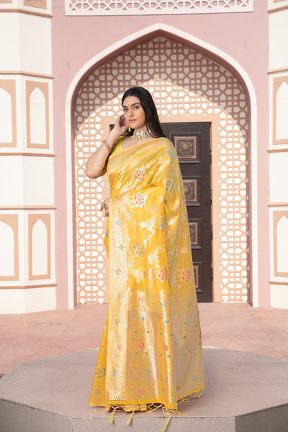 Yellow Banarasi Cotton Silk Saree With Zari Woven Work