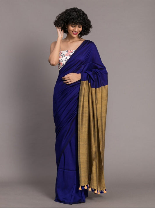 Navy Blue Color Plain Khadi Cotton Saree With Fancy Tassel Work