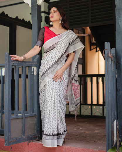 White Summer Special Digital Printed Linen Cotton Saree
