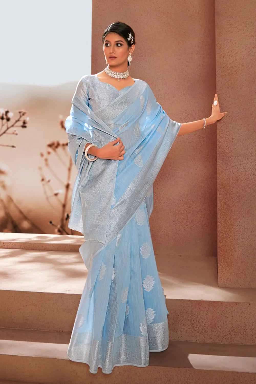 Sky Blue Soft Linen Silk Saree With Zari Weaving Work | Elegant Festive & Wedding Wear – JaipurSaaj