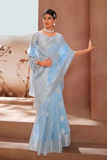 Sky Blue Soft Linen Silk Saree With Zari Weaving Work | Elegant Festive & Wedding Wear – JaipurSaaj