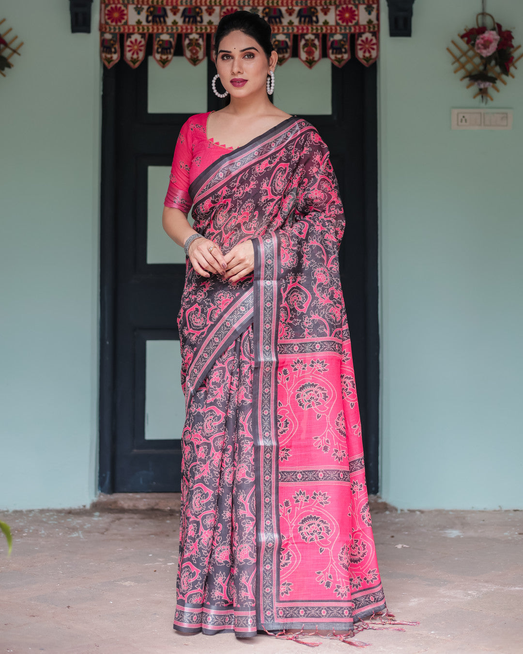 Multi Soft Linen Cotton Saree With Digital Printed Work