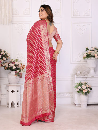Pink Organza Silk Banarasi Saree With Zari Weaving Work | Bridal Wedding & Festive Wear – JaipurSaaj