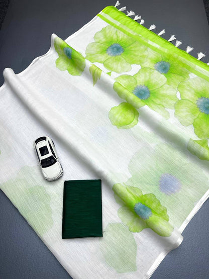 Parrot Green Color Plain Mix Linen Cotton Saree With Digital Printed Work