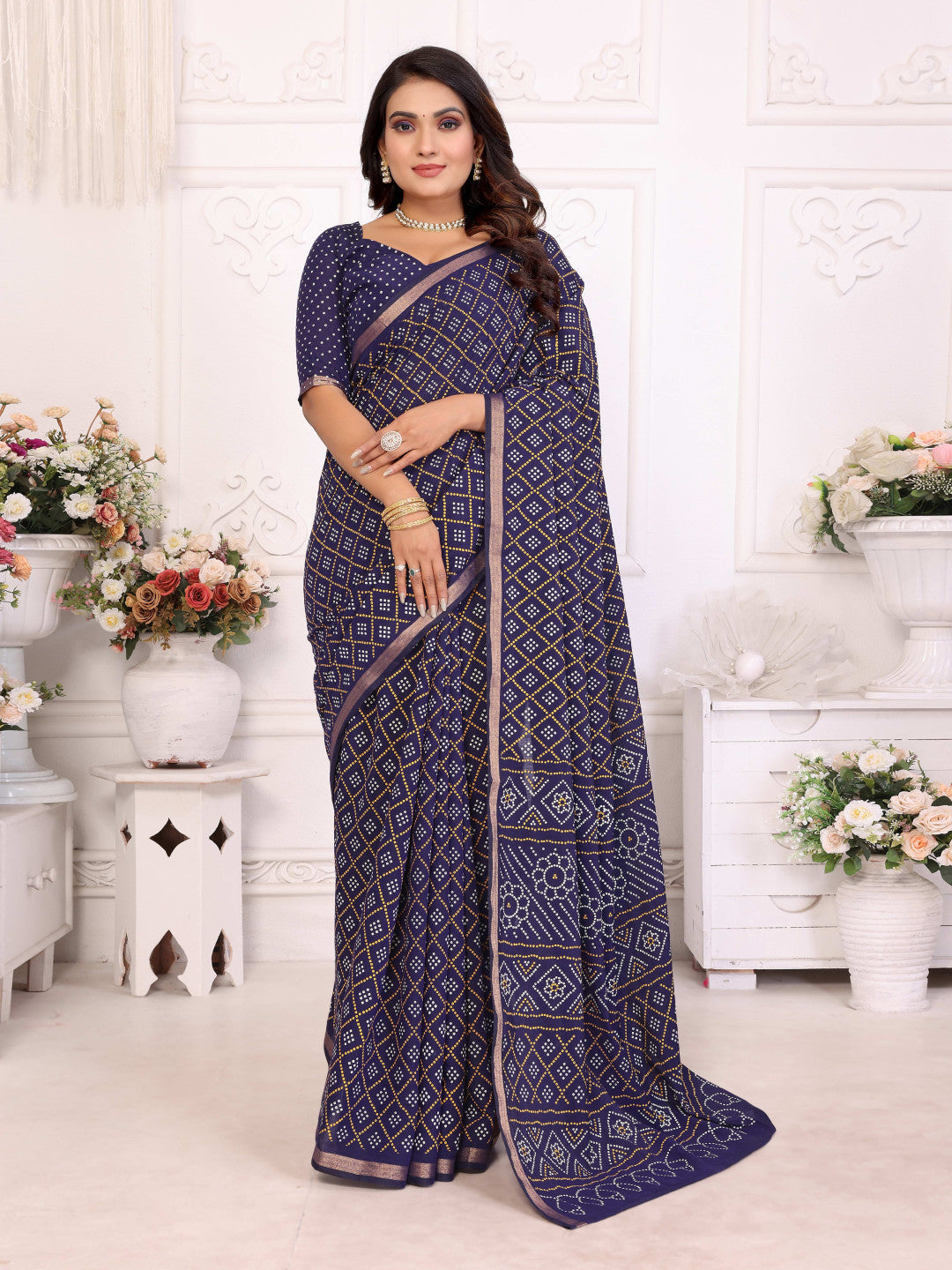 Navy Blue Bandhej Printed Soft Cotton Saree With Zari Border | Traditional Festive Ethnic Wear – JaipurSaaj