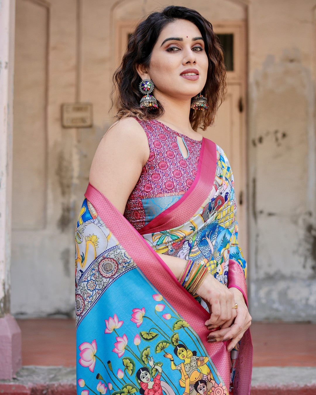 Multi Color Kalamkari Digital Printed Tussar Silk Saree | Designer Festive Ethnic Wear – JaipurSaaj