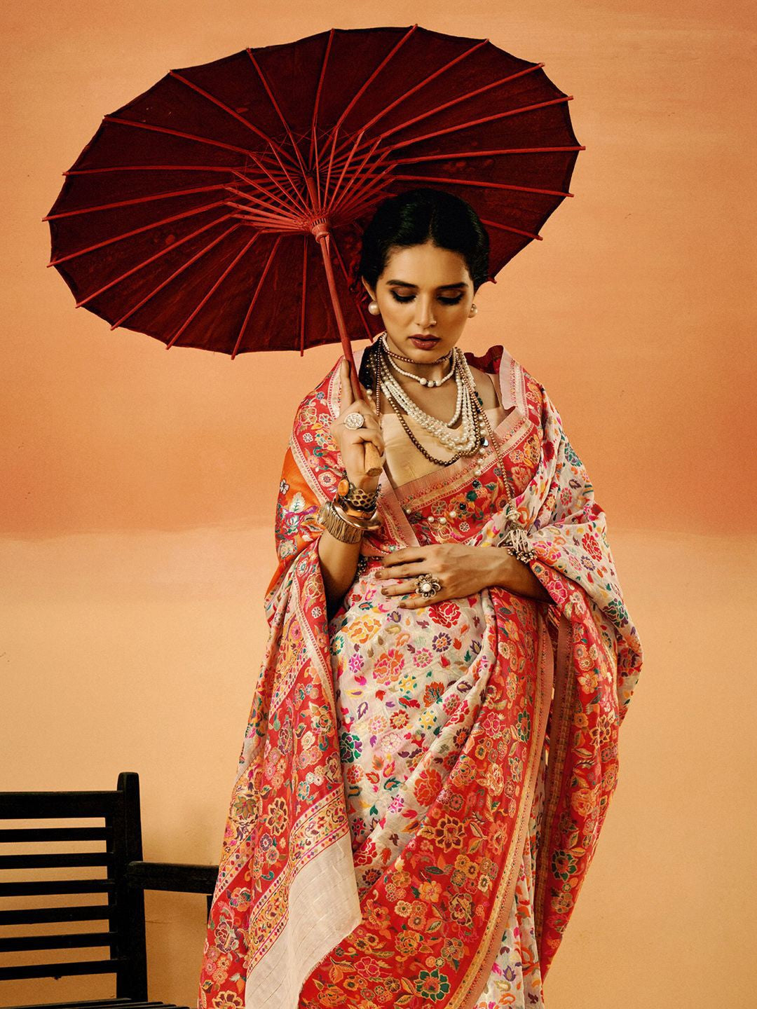 White Pashmina Silk Saree With Traditional Woven Design | Festive & Wedding Wear – JaipurSaaj