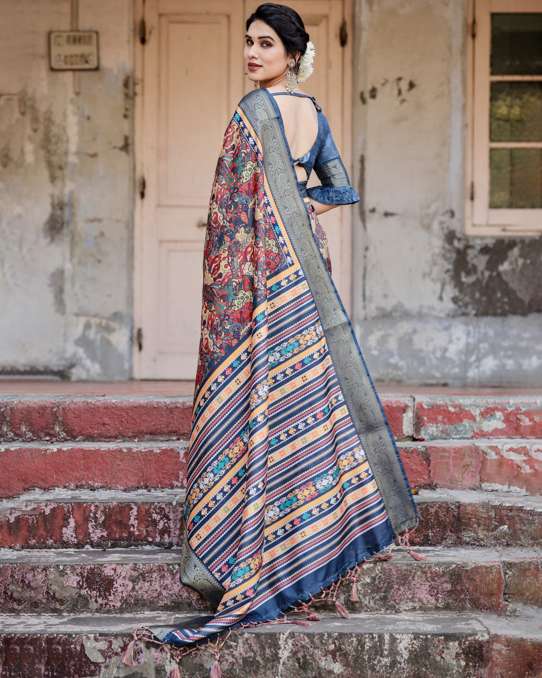 Mult Color Tussar Silk Saree With Digital Kalamkari Print & Zari Motif Border | Casual & Festive Wear – JaipurSaaj