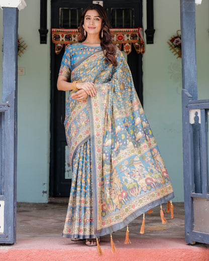 Multi Color Kalamkari Digital Printed Linen Cotton Saree | Summer Casual & Ethnic Wear – JaipurSaaj
