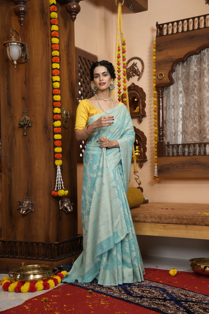 Sea Green Soft Cotton Saree With Lucknowi Work