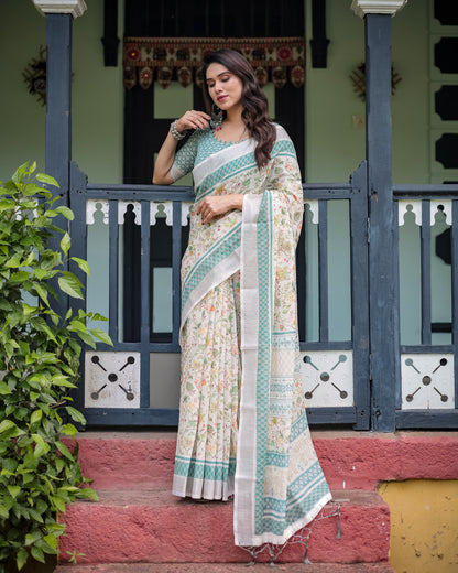 Off White Summer Special Digital Printed Linen Cotton Saree