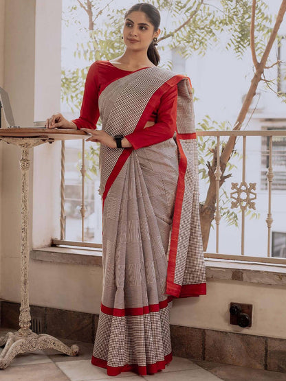 Beige Color Soft Pure Cotton Silk Saree With Jaipur Block Print Work | Traditional Office & Ethnic Wear – JaipurSaaj