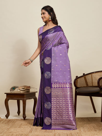 Lavender Soft Silk Saree With Silver Banarasi Zari Weaving Work | Festive Wear – JaipurSaaj