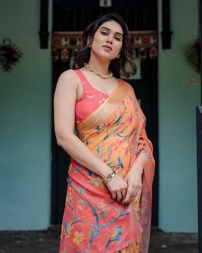 Peach Floral Digital Printed Linen Cotton Saree