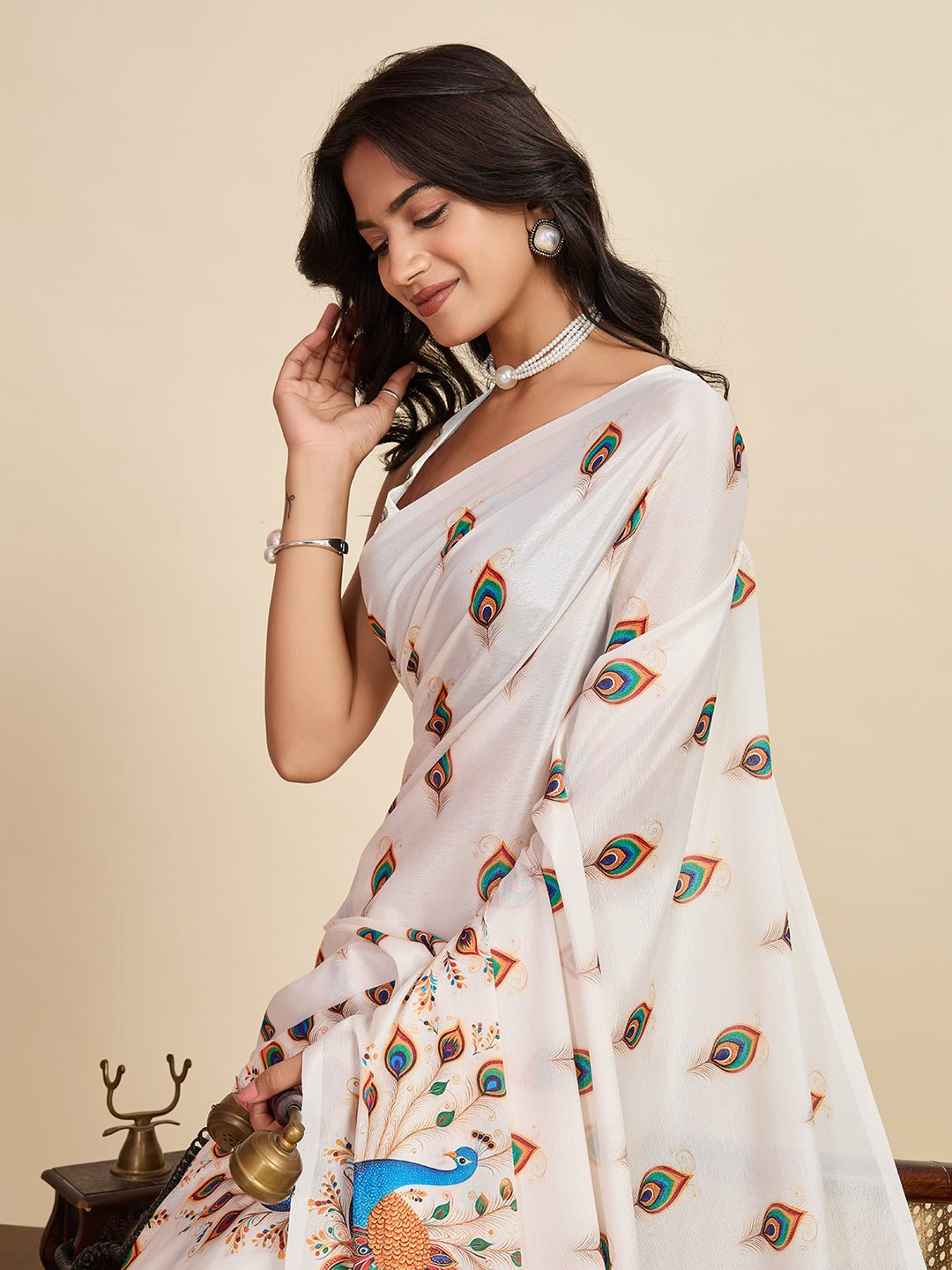 White Soft Chinnon Silk Saree With Digital Printed Work