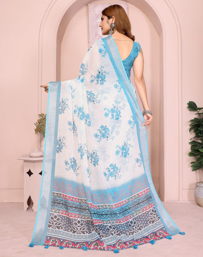 White Linen Cotton Saree With Digital Printed Work And Silver Zari Border