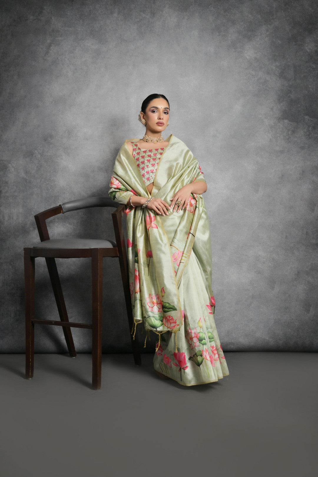 Pista Green Tussar Silk Saree with Lotus Floral Printed Work | Festive & Party Wear – JaipurSaaj
