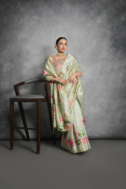 Pista Green Tussar Silk Saree with Lotus Floral Printed Work | Festive & Party Wear – JaipurSaaj