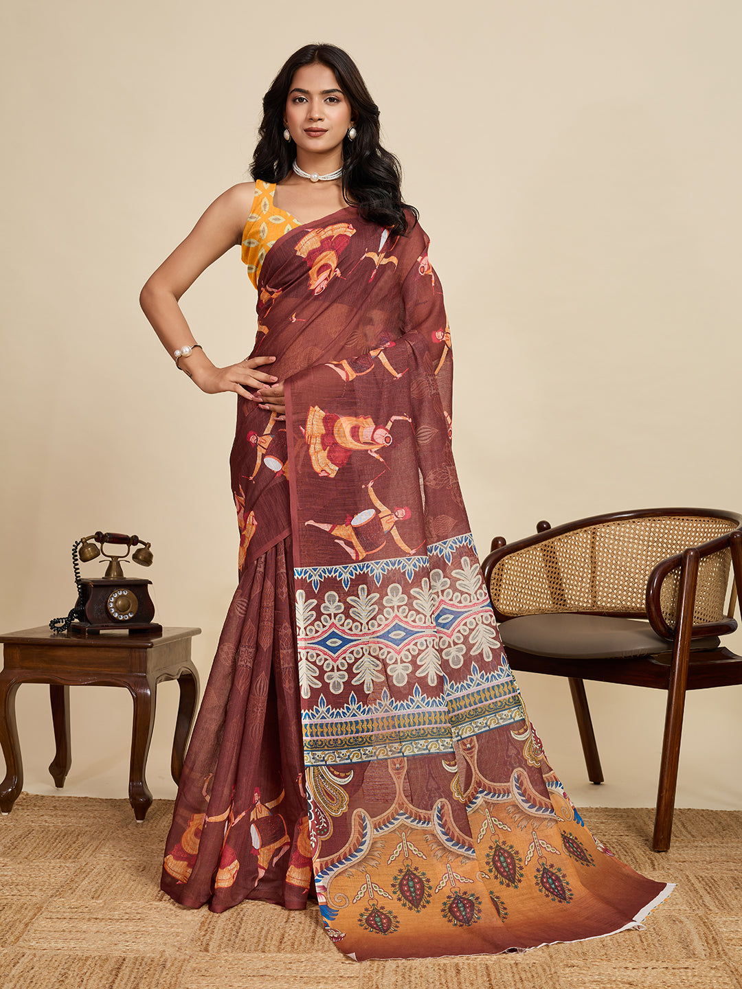 Maroon Linen Cotton Saree With Digital Printed Work And Silver Zari Border | Lightweight Festive & Party Wear – JaipurSaaj